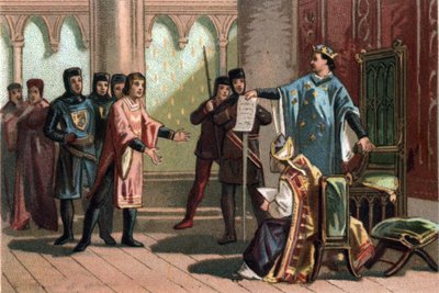 Ludwig VIII., genannt „Der Löwe“ (1187-1226), antwortete stolz und heftig einem Gesandten des englischen Königs Heinrich III. Chromolithographie um 1890. von French School