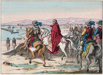 Ludwig XIII. (1601-1643) und Kardinal Richelieu bei der Belagerung von La Rochelle, Platz der Protestanten im Oktober 1628 - Gravur Ende des 19. Jahrhunderts von French School