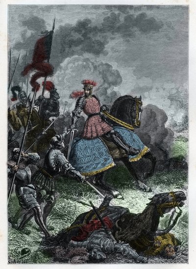 Ludwig XII. in der Schlacht von Agnadello bei Crema in der Lombardei, gewonnen vom König über die Venezianer am 14. Mai 1509 - Schlacht von Agnadello - Ludwig XII. von Frankreich besiegt die Venezianer - Gravur aus 