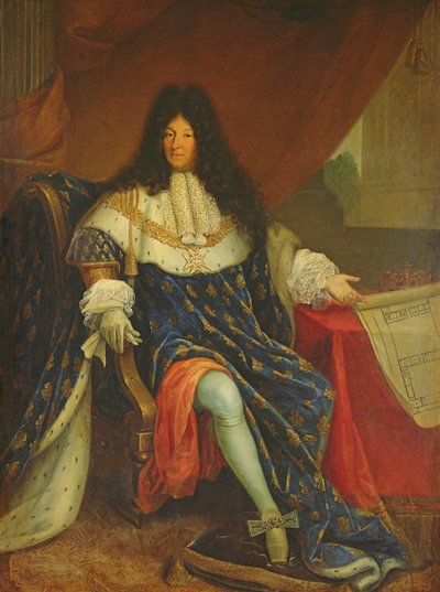 Ludwig XIV. (1638-1715) hält einen Plan des Maison Royale de Saint-Cyr von French School