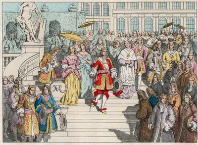 Ludwig XIV. und sein Hof in Versailles - Ludwig XIV. von Frankreich und sein Hof in Versailles - Gravur aus dem Ende des 19. Jahrhunderts in „Nos Gires Nationales - Bilder und Erzählungen“. von French School