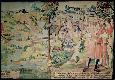 Lugdus (1672-21 v. Chr.) vor einer Darstellung der Stadt Lyon, Arras-Werkstatt, ca. 1530 von French School