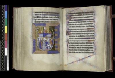 MS 300 f.177v-178r, Matutin, Jungfrau und Kind sitzen zwischen zwei Vasen auf einer Bank (oben); Verrat an Christus, mit Judas, der Christus küsst, und St. Peter, der Malchus das Ohr abschneidet (unten), aus dem Psalter und Stundenbuch der Isabella von Fra von French School