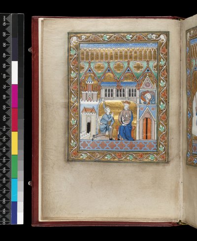 David, zweimal gezeigt, erfährt vom Tod Absaloms, aus dem Psalter und Stundenbuch der Isabella von Frankreich, Paris, ca. 1265-70 von French School