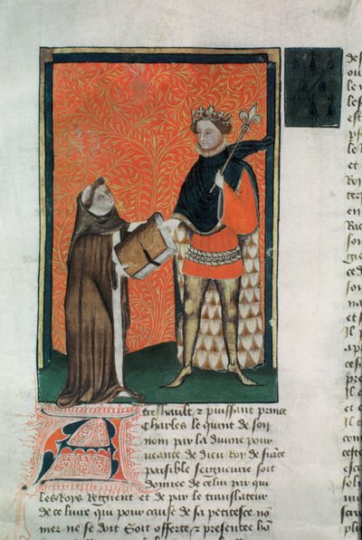 MS Hunter 8 f.9r Der Übersetzer Courbichon überreicht das Buch an Karl V. von French School