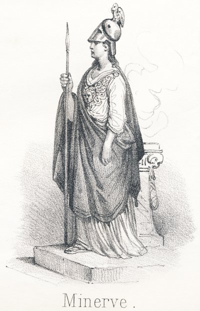 M Minerve: Göttin aus Jupiters Kopf, bewaffnet mit Fuß im Umhang und Speer in der Hand. Unter dem Namen Minerva war sie Göttin der Weisheit und unter dem Namen Pallas war sie Göttin des Krieges von French School