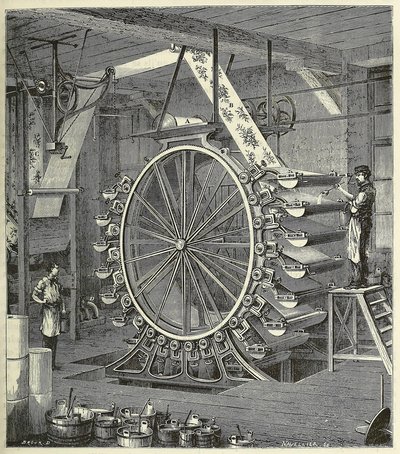 Maschine zum Drucken von Tapeten in bis zu zwanzig Farben, veröffentlicht 1873 Gravur, 1873 von French School