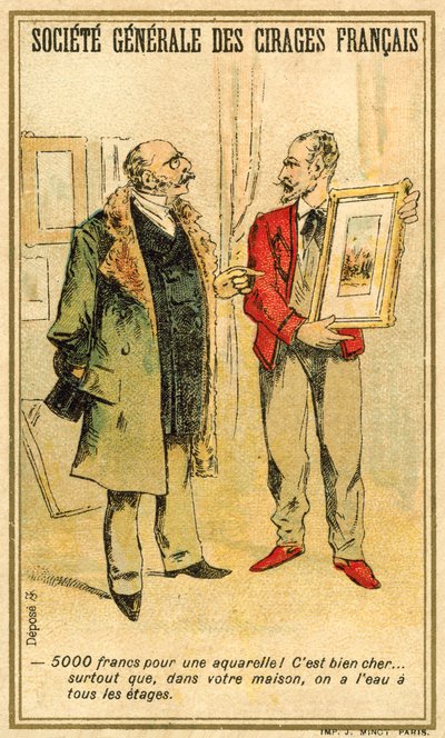 Mann feilscht mit einem Künstler über den Preis eines Aquarells von French School