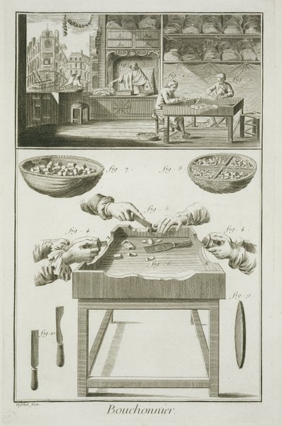 Herstellung von Flaschenkorken, aus der Encyclopedie des Sciences et Metiers von Denis Diderot (1713-84) veröffentlicht ca. 1770 von French School