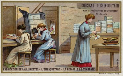 Streichholzherstellung. Verpacken, Wiegen und Stempeln von French School