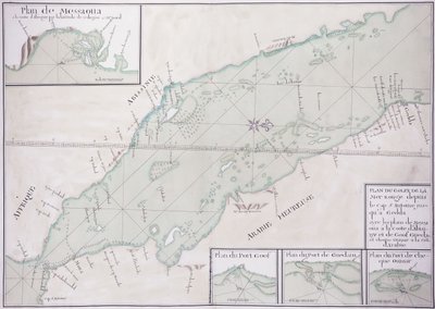 Manuskriptkarte des südlichen Teils des Roten Meeres vom Horn von Afrika und Jemen bis nach Dschidda, ca. 1740 von French School