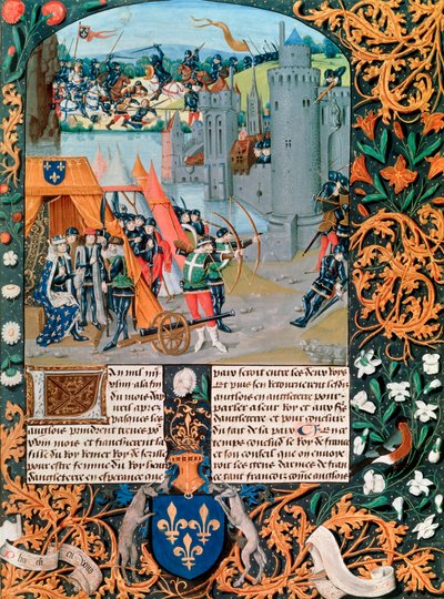 Manuskript, das eine Schlacht aus dem Hundertjährigen Krieg darstellt, 14. Jahrhundert von French School