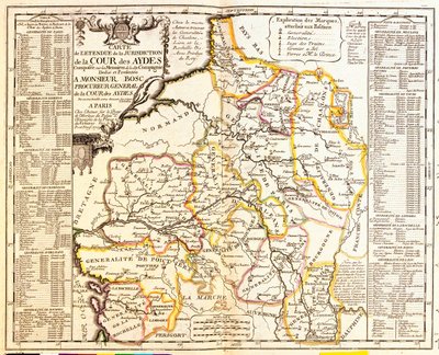 Karte der französischen Gebiete unter Steuer, 1709, aus Le Theatre du Monde von Jean-Baptiste Nolin, veröffentlicht 1717 (handkolorierter Stich) von French School