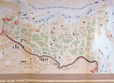 Karte von Sibirien, die die immensen natürlichen Ressourcen der Region zeigt und eine Seeroute darstellt, die den Handel eröffnen würde, 1933 von French School