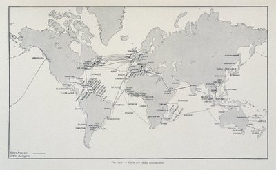 Karte der Unterseekabel weltweit - in „Durch Elektrizität“ von G. Davy von French School