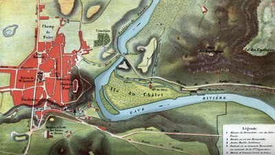 Karte des Landes Lourdes im Jahr 1858, dem Jahr der Visionen von Bernadette Soubirous: Sie zeigt den Standort ihres Hauses und der Höhle. Hochpyrenäen (65). Chromolithographie in "Notre Dame de Lourdes" von Henri Lasserre von French School
