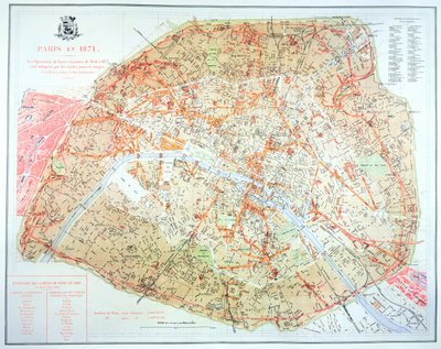 Karte, die das Ausmaß der Arbeiten während der Haussmann-Periode der Entwicklung in Paris von 1854-71 zeigt, 1871 von French School