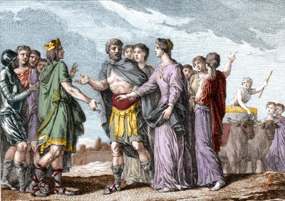 Heirat von Clovis I. (481-511), König der Franken, mit Clotilde (Heilige Clothilde, ca. 475-545) (Königin) im Jahr 493. Gravur aus dem 18. Jahrhundert. von French School