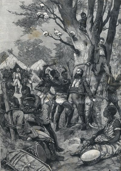 Massaker im Kongo: Europäer werden von Kannibalen gefoltert. In „Le petit Parisien“ von 1898. von French School