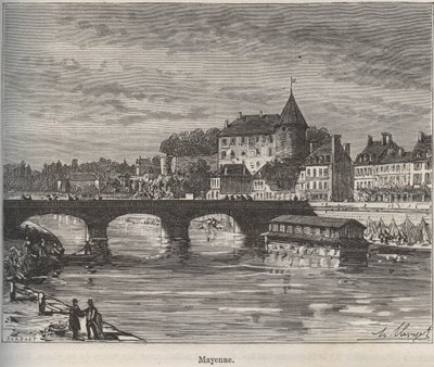 Mayenne ist eine Gemeinde im Westen Frankreichs in der Region Pays de la Loire - Gravur in „La France Illustrée: Geographie, Geschichte, Verwaltung, Statistik“ von V.-A. Malt-Brown. 1884 von French School