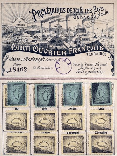 Mitgliedskarte der Französischen Arbeiterpartei während der Führung von Jules Guesde (1845-1922) 1901 von French School