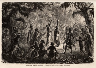 Meriah Pujah oder Menschenopfer, Khondistan (Englische Indien). Zeichnung von Fuchs, zur Illustration von Major John Campbells Studie über Menschenopfer in den Englischen Indien von French School
