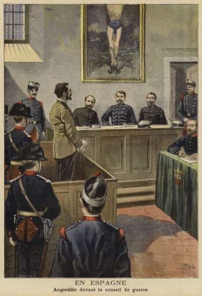 Michele Angiolillo vor dem Kriegsrat, Spanien, 1897 von French School