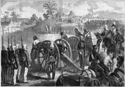 Militärische Hinrichtung von indischen Aufständischen durch die englische Armee. Die Verurteilten werden an die Mündungen von Kanonen gebunden, bevor sie hingerichtet werden. Indien von French School