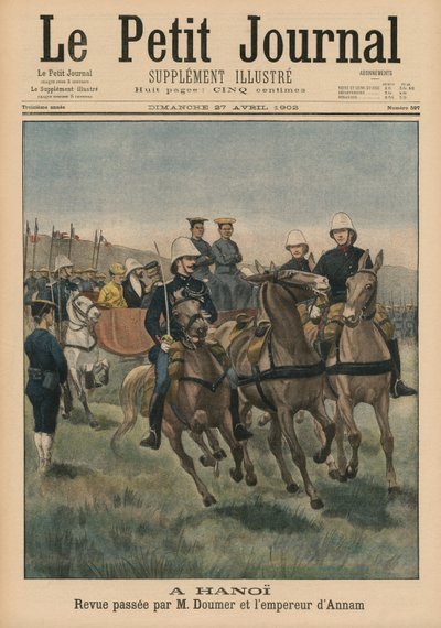 Militärparade von Paul Doumer, Generalgouverneur von Französisch-Indochina, und Kaiser von Annam, Thanh Thai, in Hanoi, Titelbildillustration aus Le Petit Journal, Supplement Illustre, 27. April 1902 von French School