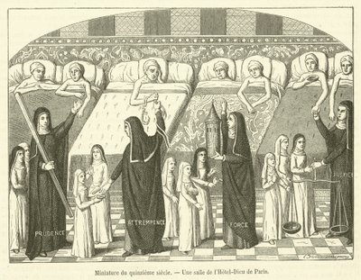 Miniatur des fünfzehnten Jahrhunderts, Ein Saal des Hôtel-Dieu in Paris (Gravur) von French School