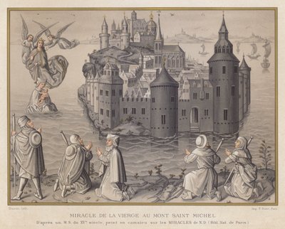 Wunder der Jungfrau auf dem Mont Saint Michel, nach einer Handschrift des 15. Jahrhunderts, gemalt in Camaieu über die Wunder von ND, Bibl Nat de Paris von French School