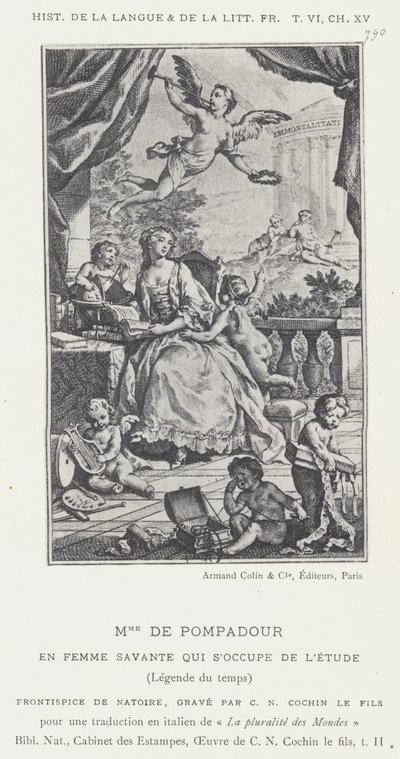 Mme De Pompadour, als gelehrte Frau, die sich mit dem Studium beschäftigt, Legende der Zeit (Lithographie) von French School