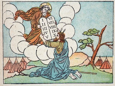 Moses erhält die Gesetzestafeln - in „Sainte Histoire en 120 images“, ed. Maison de la Bonne Presse, Paris von French School