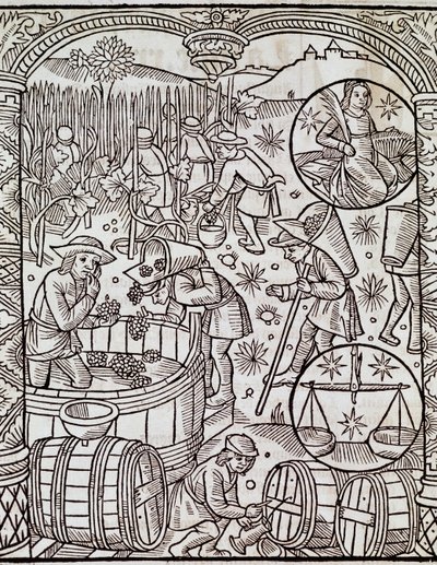 Monat der Ernte mit den Sternzeichen Jungfrau und Waage, Gravur aus Le grand calendrier des bergers, Frankreich von French School