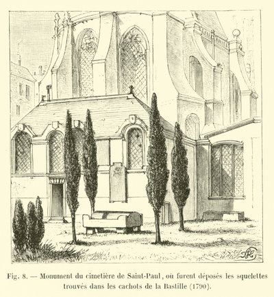 Denkmal des Friedhofs von Saint-Paul, wo die in den Kerkern der Bastille gefundenen Skelette im Jahr 1790 niedergelegt wurden von French School