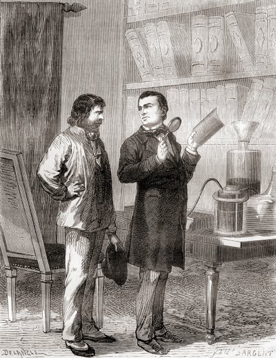 Moritz von Jacobi, rechts, entdeckt die Galvanoplastik oder das Elektrotypieren im Jahr 1838, aus Les Merveilles de la Science, veröffentlicht um 1870 (Gravur) von French School