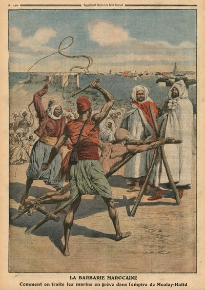 Marokkanische Barbarei, wie die streikenden Seeleute behandelt werden, Illustration aus 