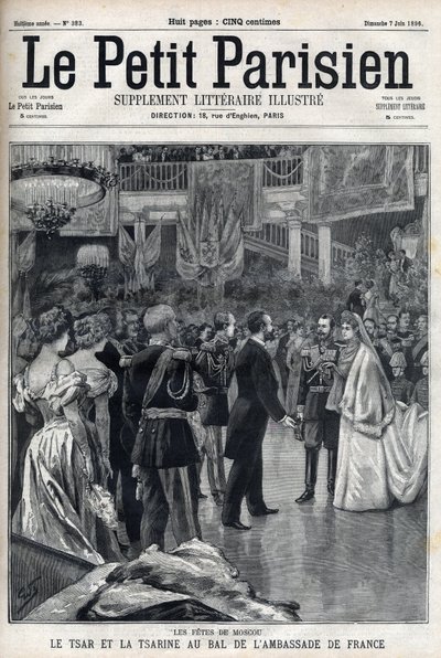 Feiern in Moskau: Zar Nikolaus II. von Russland (1868-1918) und Zarin Alexandra Fjodorowna Romanowa (1872-1918) beim Ball der französischen Botschaft, in "Le petit Parisien" von French School