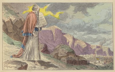 Moses kehrt mit den Zehn Geboten vom Berg Sinai zurück (Farblithografie) von French School