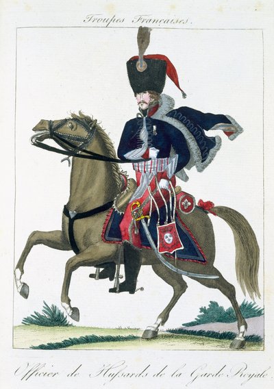 Berittener Offizier der Husaren der Königlichen Garde, aus Troupes Francaises, veröffentlicht bei Basset, Paris, um 1790 von French School