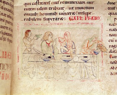 Ms.1215 t.3 fol.158v, Mahl mit Judith und Holofernes, aus der Bibel von Etienne Harding, 1109 von French School