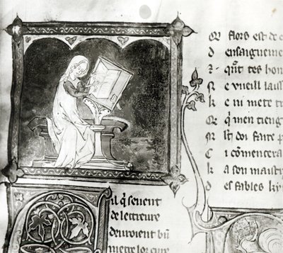 Marie de France (fl. 12. Jahrhundert) schreibt, aus einer Anthologie französischer Gedichte, ca. 1280-90 (Detail) von French School
