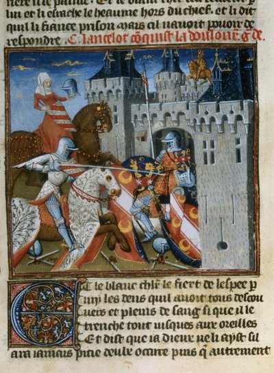Sir Lancelot erobert Dolorous Garde mit Hilfe eines neuen Schildes, den ihm die Dame vom See gegeben hat, aus dem Livre de Messire Lancelot du Lac von French School