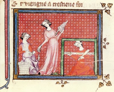 Ms 1044 fol.101 Die starke Frau der Schrift spinnt mit ihren Dienerinnen, aus Ovide Moralise, geschrieben von Chretien Legouais von French School