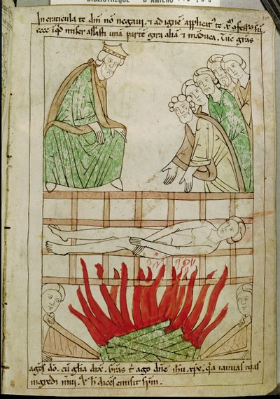 Das Martyrium des heiligen Laurentius im Jahr 258 n. Chr., aus einer Bibel von French School