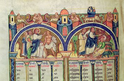Kanon der Evangelisten, Detail (Christus heilt den Mann mit Wassersucht und vertreibt Dämonen aus einem Besessenen), aus einer lateinischen Bibel von French School