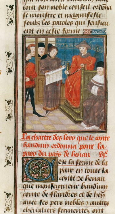 Ms. 149t.3 fol.175 v Charta der Gesetze, die Graf Baudouin VI. von Hainault für den Frieden des Landes Hainault anordnet von French School