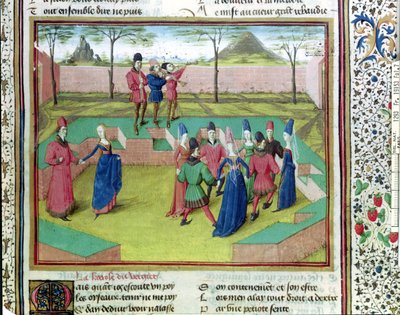 Ms 19153 f.7 Ein Carole im Obstgarten, Illustration aus Le Roman de la Rose von Jean de Meung, um 1460 von French School