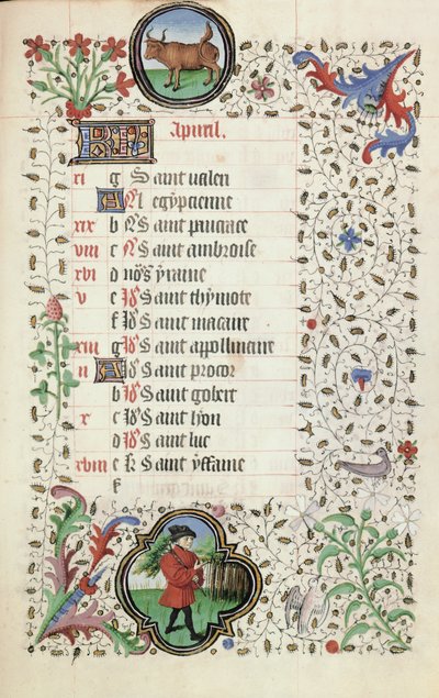 April: Stier und ein Mann, der einen Ast trägt, aus einem Stundenbuch, frühes 15. Jahrhundert von French School
