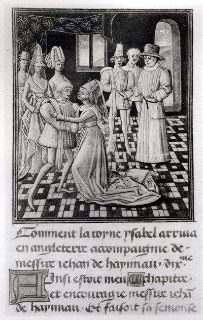 Isabella von Frankreich, Königin von England, verabschiedet sich von Wilhelm I., Graf von Hennegau, aus Froissarts Chronik von French School